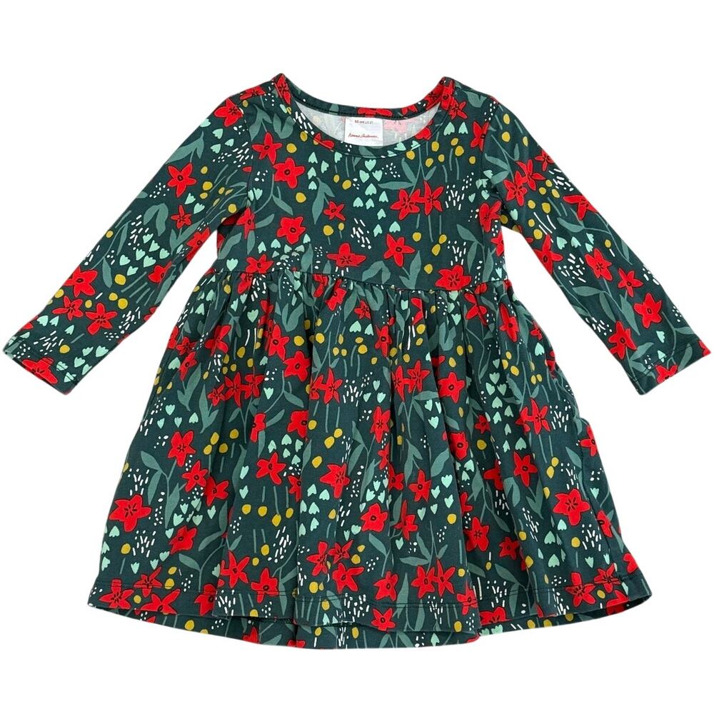Hanna Andersson Girls Floral Long Sleeve Dress Green Red 2T 85cm